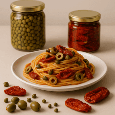 Pasta fredda mediterranea con tonno, olive, capperi e pomodori secchi Agribera