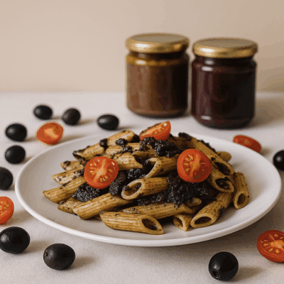 Penne al Paté di Olive Nere e Pomodorini Agribera