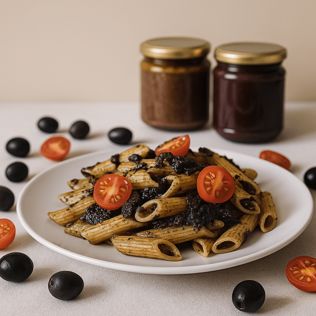 Penne al Paté di Olive Nere e Pomodorini Agribera